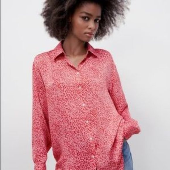 Zara Animal Print Button Down Collar Shirt Pink Red - Picture 3 of 12